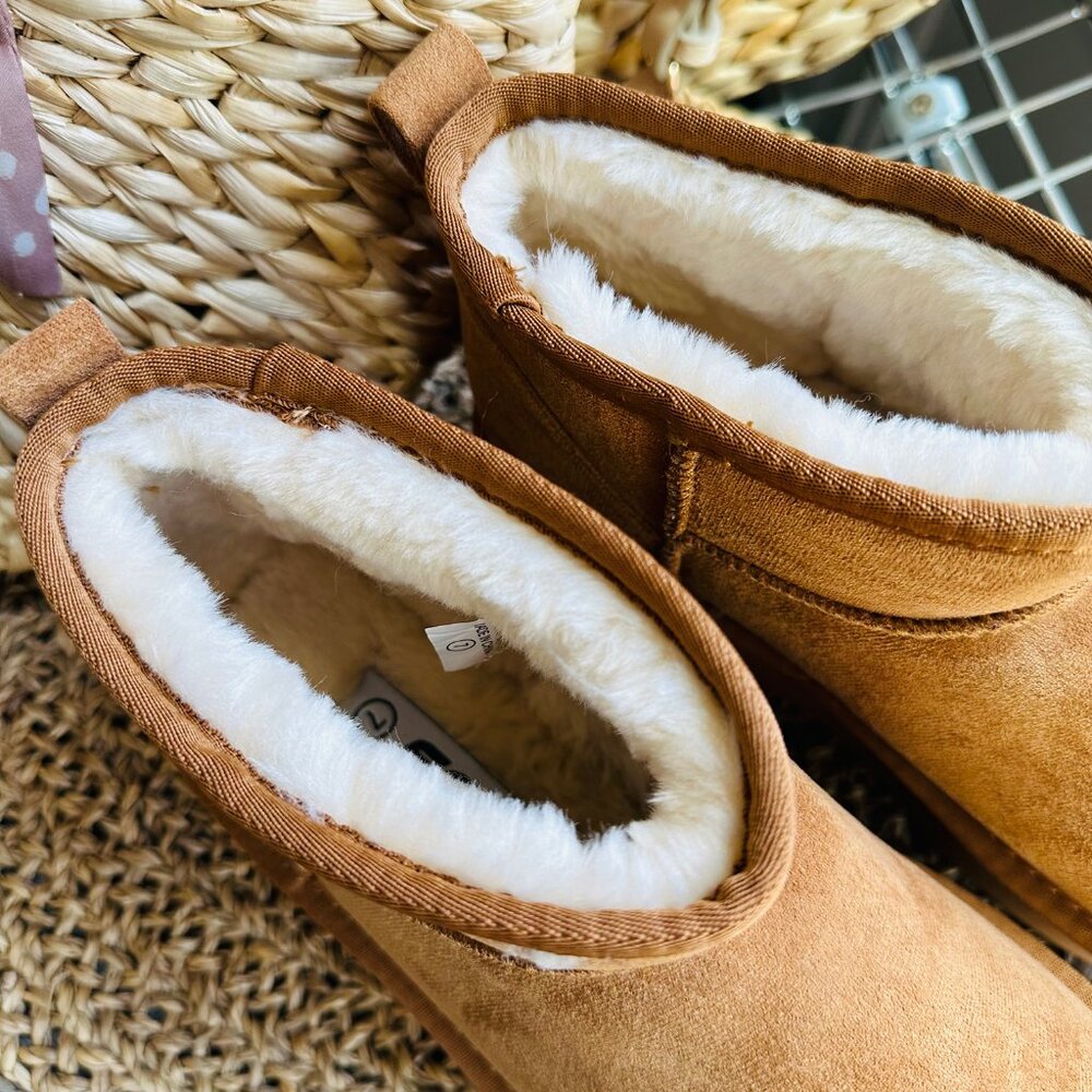 NEW🔥 Chestnut Tan Faux Fur Lined Platform Classic Ultra Mini Booties Ankle Boot - Picture 6 of 6